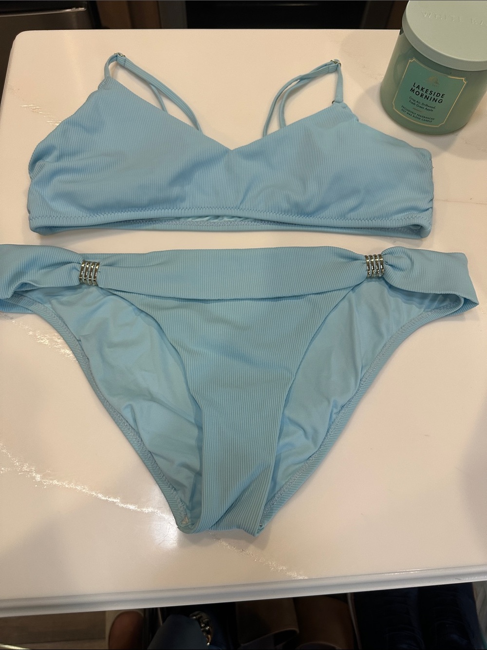 Melissa Odabash Light Blue Ribbed Bikini Set with Gold Rings